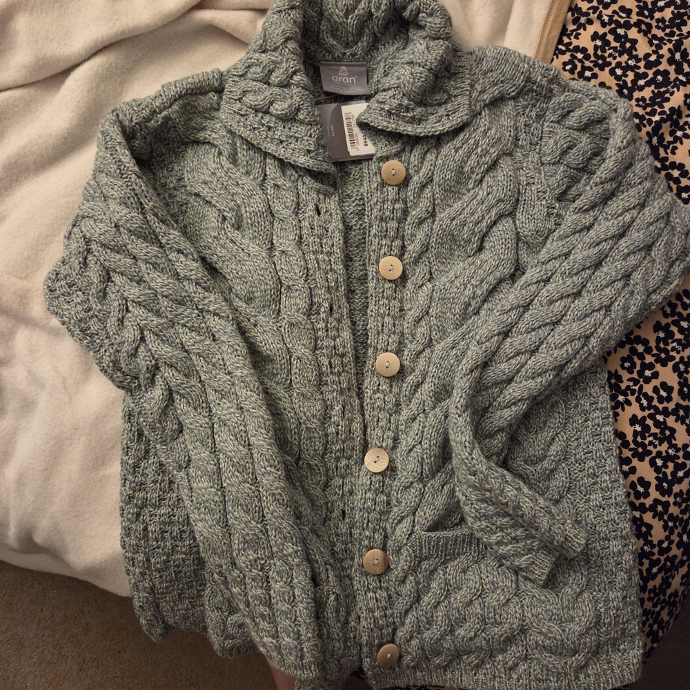 Gray Cable Knit Cardigan with Chunky Texture
